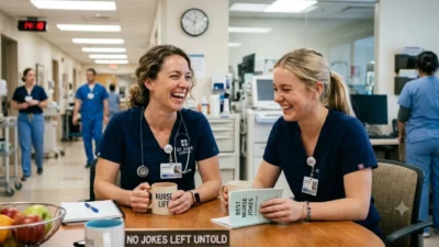 Two nurses in blue scrubs laughing over coffee at a wooden table in a hospital staff station.