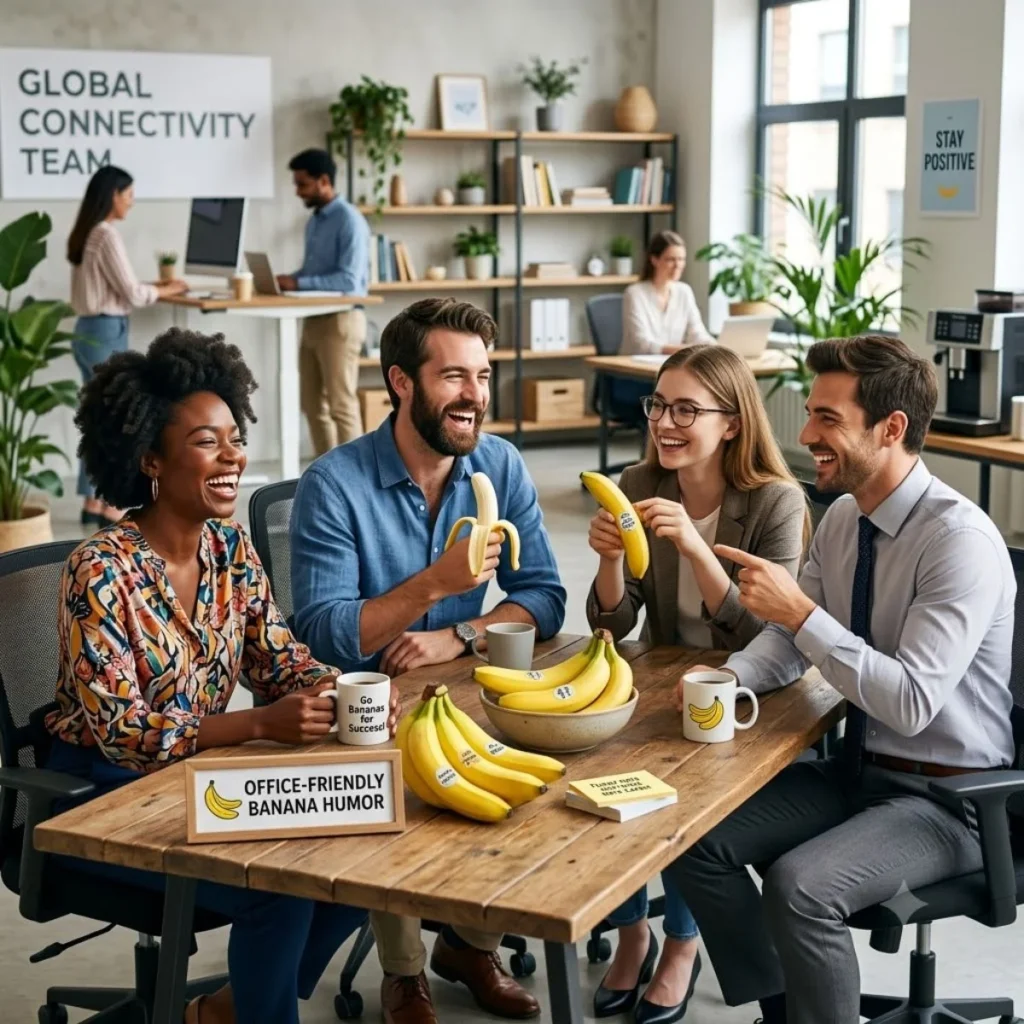 Diverse office coworkers laughing together at a wooden meeting table with bananas and banana-themed mugs