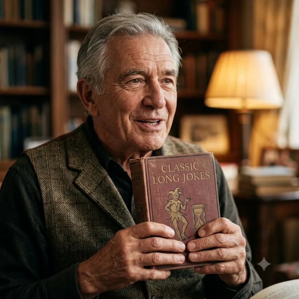 A smiling senior man sitting in a cozy study holding an antique book titled Classic Long Jokes.