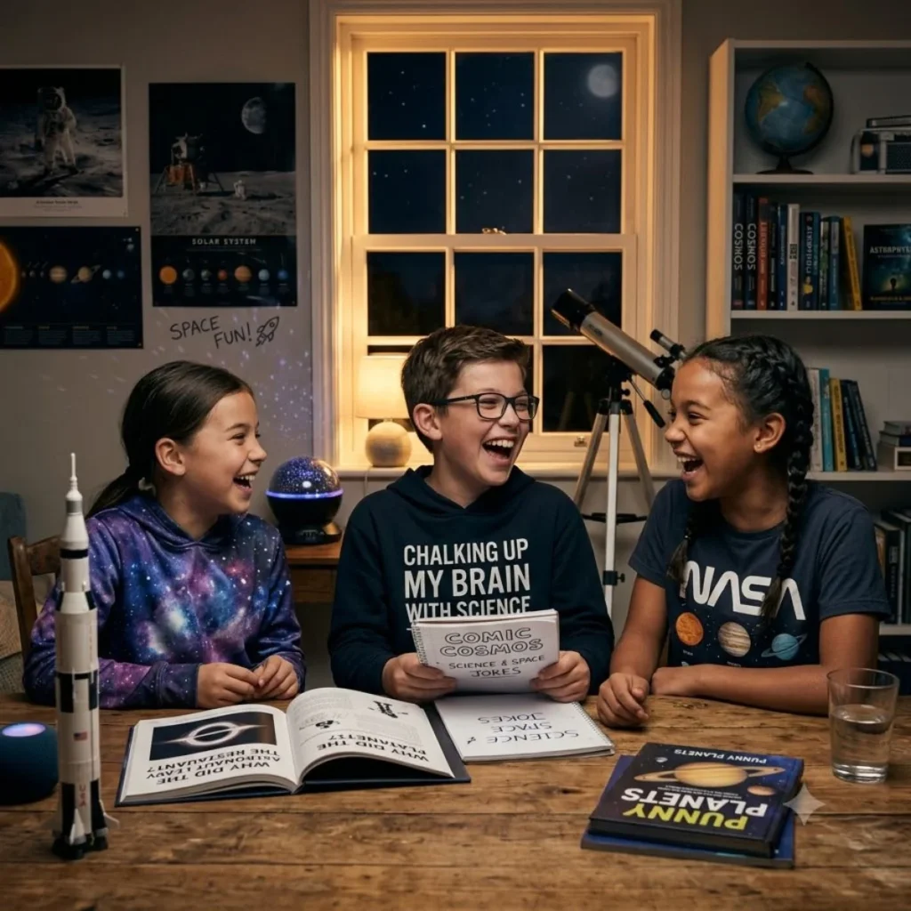 Three young kids sitting at a wooden table laughing together while reading space and science joke books