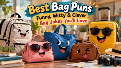 Best bag puns featuring cheerful backpacks, purses, tote bags, and a suitcase with funny faces and sunglasses.