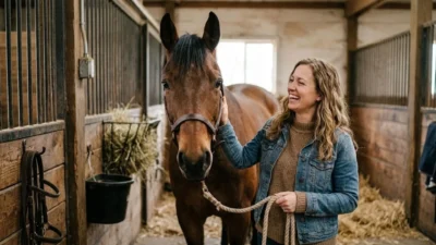 Smiling woman in a denim jacket standing next to a brown horse inside a rustic stable aisle