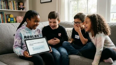 A diverse group of kids sitting on a living room sofa, laughing together while reading clean and funny Roblox jokes and puns from a digital tablet screen.