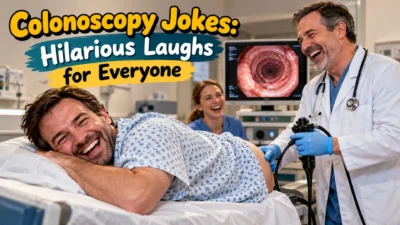 Colonoscopy jokes featuring a laughing patient, smiling doctor, and nurse in a cheerful medical examination room.