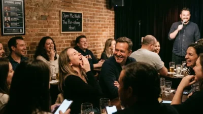 Audience members laughing together at a comedy club open mic night in front of a brick wall