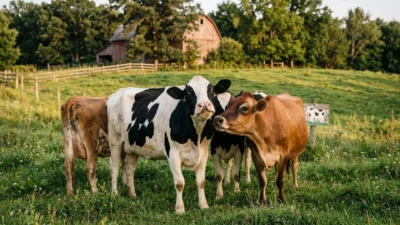 Holstein and brown dairy cows standing together in a grassy field in front of a rustic red barn