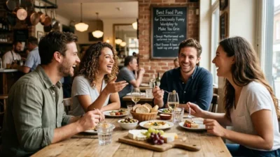 Four friends laughing around a rustic wooden table filled with food and wine at a bright bistro