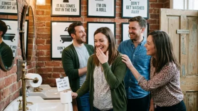 Four friends laughing in a rustic restroom with framed pun signs on a brick wall