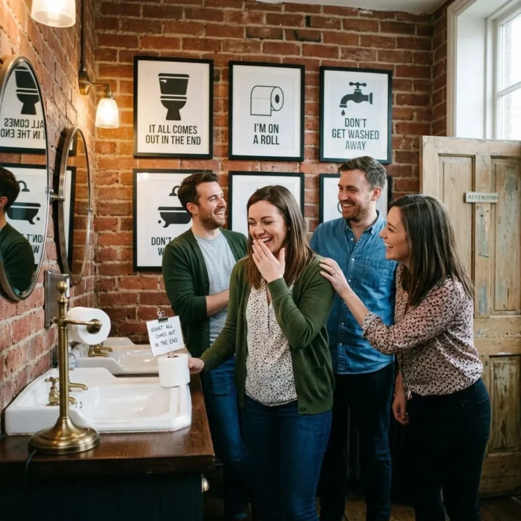 Four friends laughing in a rustic restroom with framed pun signs on a brick wall