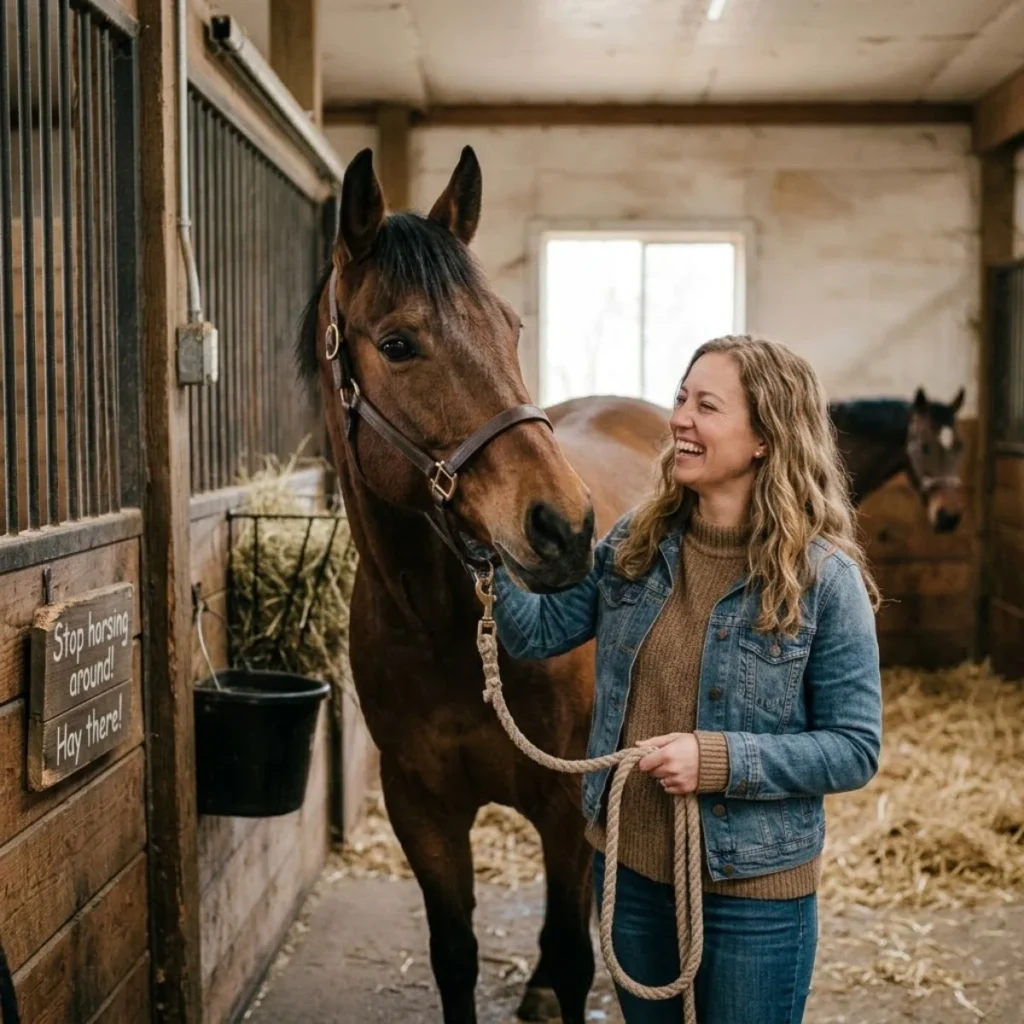 Smiling woman holding a brown horse on a lead rope inside a rustic barn aisle