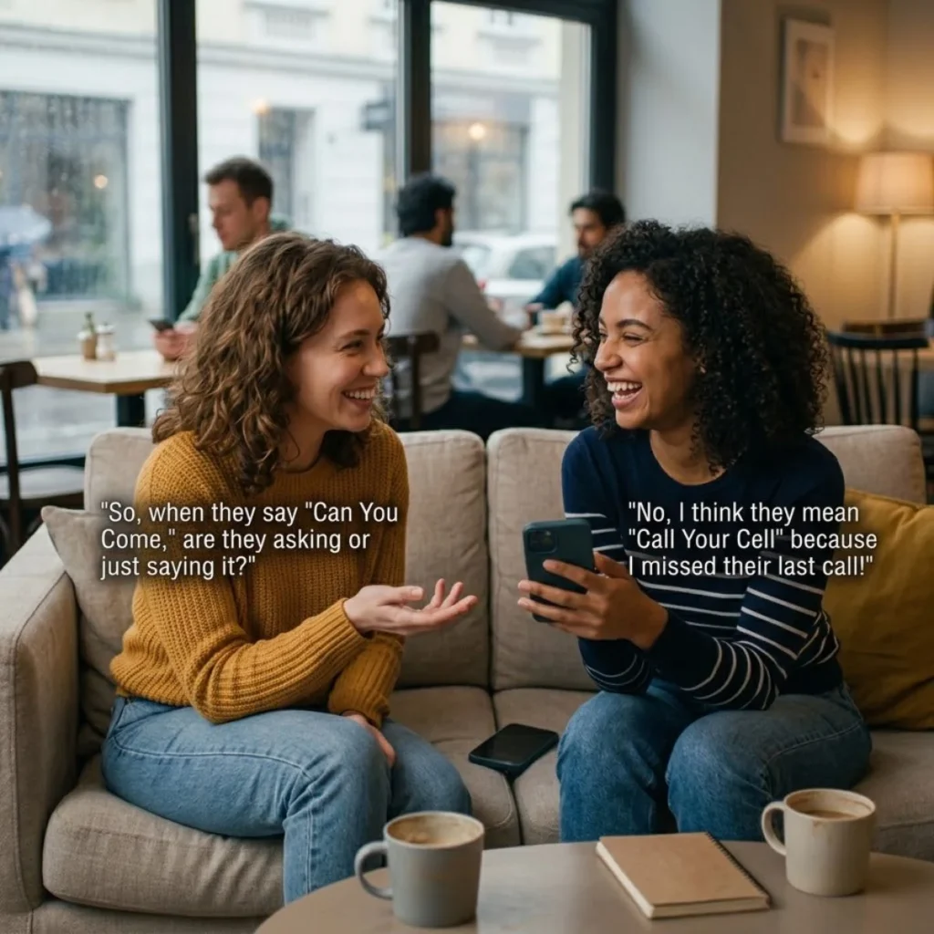 Two women smile on a cafe couch while discussing different interpretations of a confusing text message