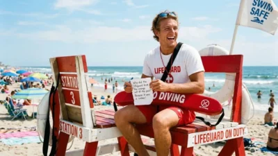 Lifeguard sitting on a red tower laughing while holding a paper with a funny pool pun