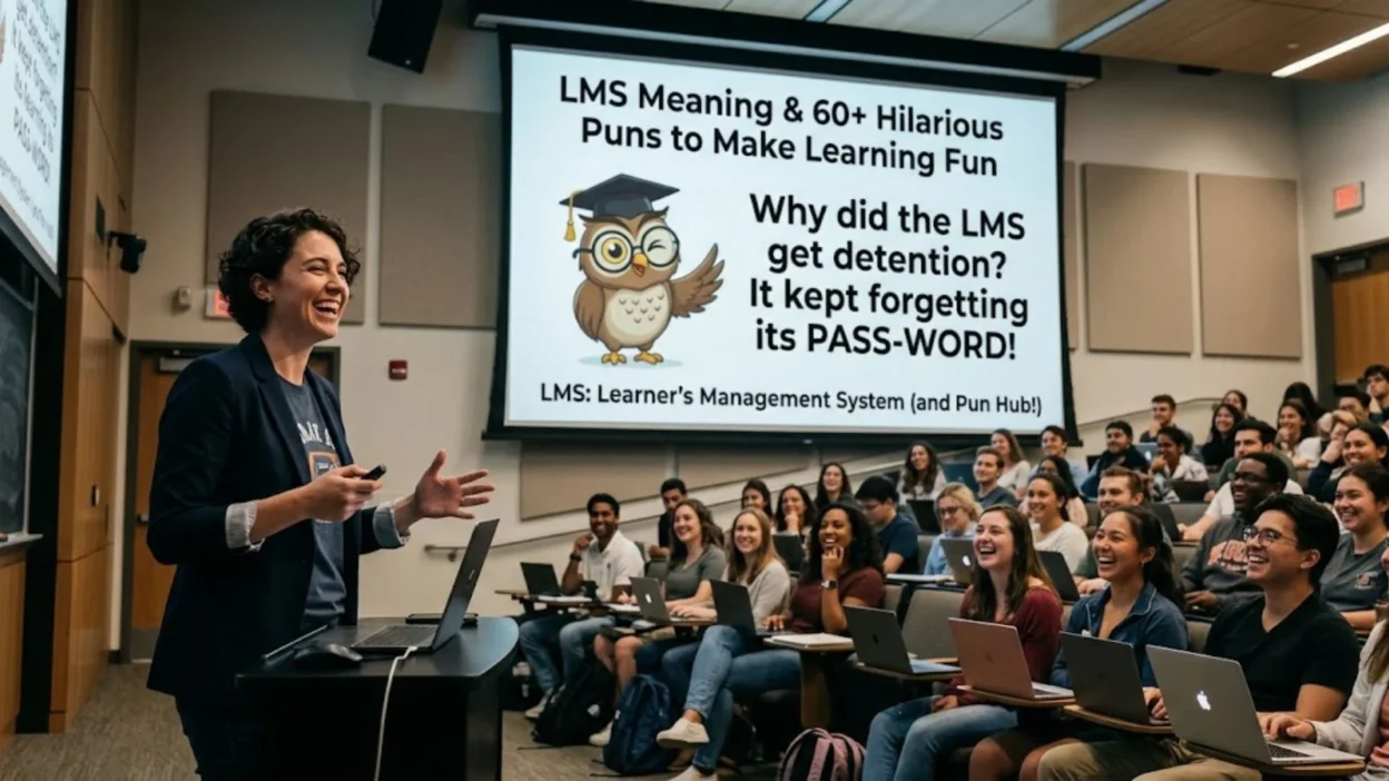 Smiling professor presenting humorous LMS puns on a projector screen to an engaged university class.