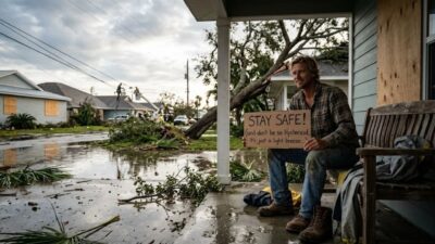 Man sitting on a porch holding a humorous hurricane pun cardboard sign after a storm