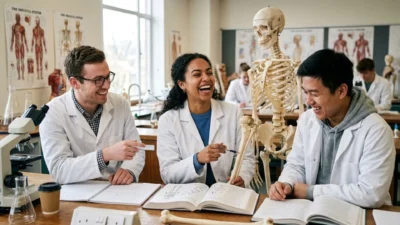 Diverse medical students laughing together around a skeleton model and anatomy books in a bright lab