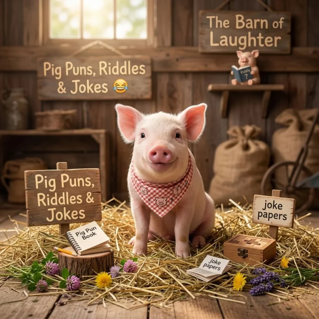 Smiling baby piglet wearing a bandana surrounded by wooden joke signs and straw inside a barn.