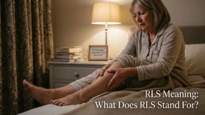 Mature woman massaging her aching leg in bed under dim lamp light due to restless legs syndrome