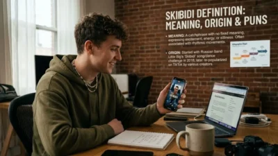 Young man researching the skibidi definition on his laptop and smartphone at a sunlit brick wall desk