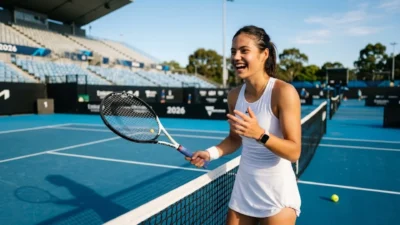 Smiling female tennis player holding a racket by the net on a blue outdoor court.