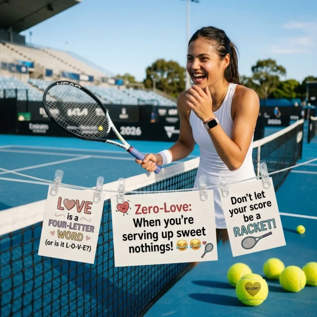 Smiling tennis player holding a racket next to cards displaying tennis scoring puns clipped to the net.