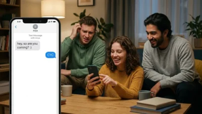 Three friends react with amusement and confusion to a smartphone screen displaying a CYC text message abbreviation