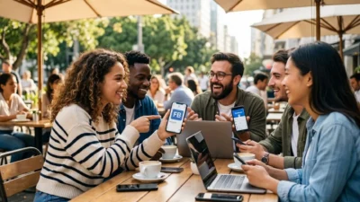 Diverse group of young friends laughing and pointing at a smartphone showing FB at an outdoor cafe
