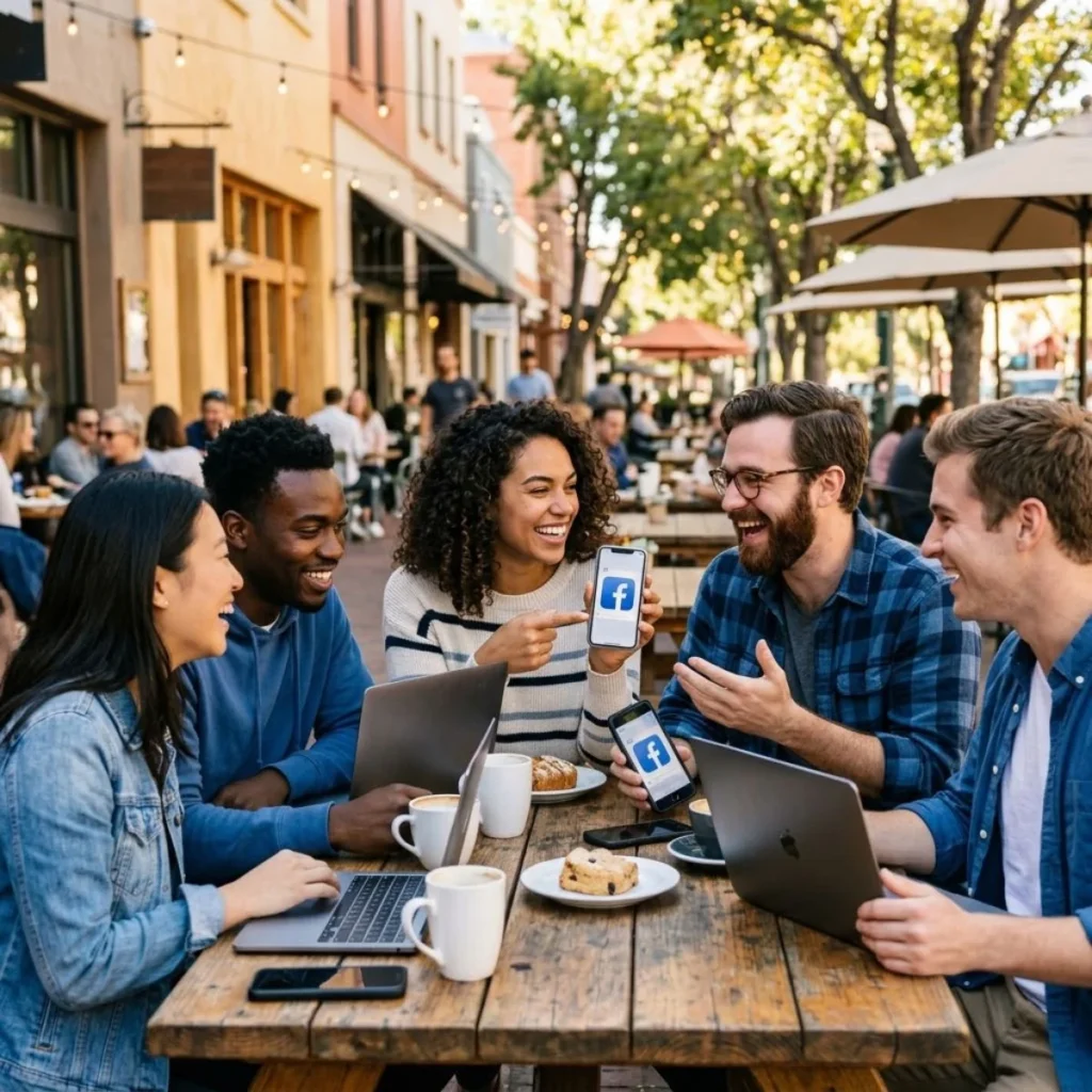 Five diverse friends smiling and holding smartphones with Facebook icons at an outdoor patio cafe