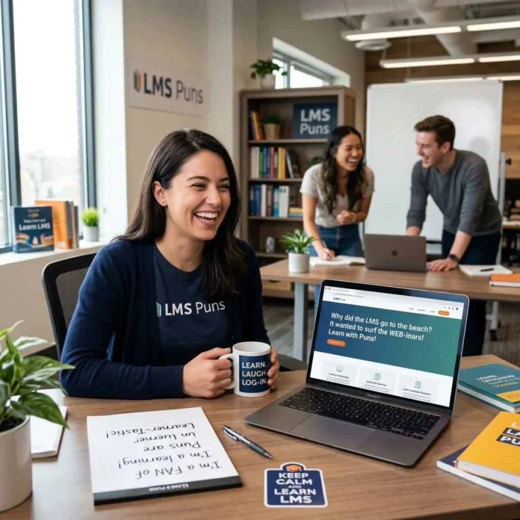 Happy woman smiling at her desk while viewing LMS puns on a laptop in a modern study office.