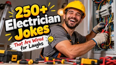Electrician jokes featured image with a laughing electrician in a yellow hard hat working on colorful electrical wires