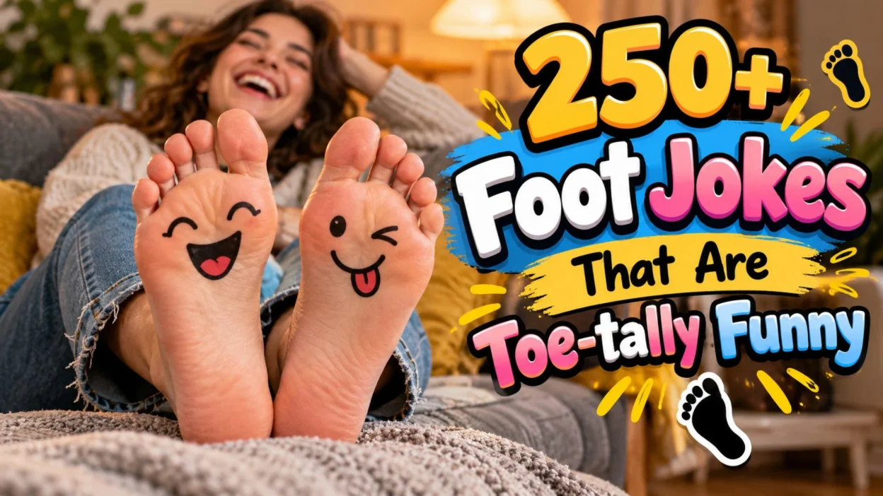 250+ foot jokes that are toe-tally funny, featuring smiling feet and colorful comedy lettering.