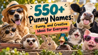 Funny punny names with playful animals wearing sunglasses around a 550+ creative names sign