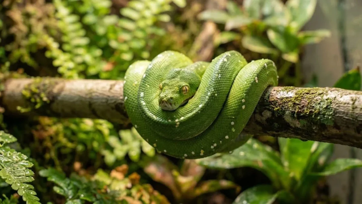 Vibrant green tree python tightly coiled around a moss-covered branch in lush rainforest greenery