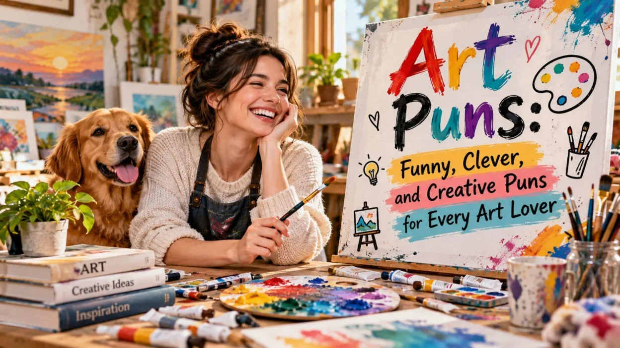 Art puns featured in a colorful art studio with a smiling artist, golden retriever, paintbrushes, and vibrant paints.