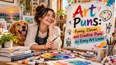 Art puns featured in a colorful art studio with a smiling artist, golden retriever, paintbrushes, and vibrant paints.