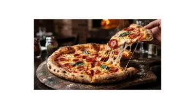 Hand lifting a hot slice of pepperoni pizza with melted cheese pull