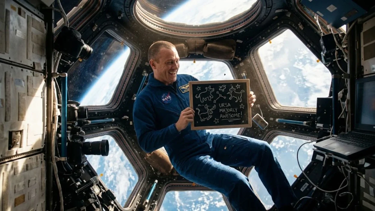 Astronaut smiling while holding a fun drawing board floating inside a space station cupola with Earth below