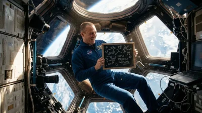 Astronaut smiling while holding a fun drawing board floating inside a space station cupola with Earth below