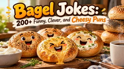 Bagel jokes featuring smiling bagels topped with cheese and cream cheese on a cozy breakfast table.
