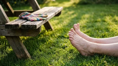 Bare feet resting on sunny green grass next to colorful toe socks placed on a rustic wooden bench