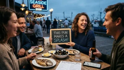 Happy friends laughing over a seafood dinner outdoors while holding a chalkboard sign with fish puns