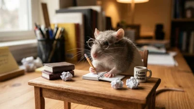 A pet rat with wire glasses writes in a notebook at a miniature wooden desk beside a coffee mug.