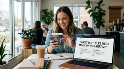 Smiling young woman holding a phone while reading what CLFS means on Instagram on her laptop at a coffee shop