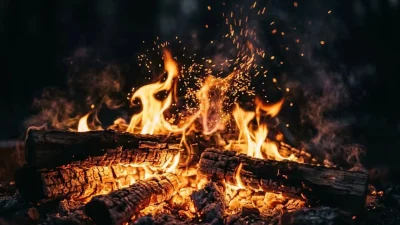 Golden flames and glowing sparks rising from burning firewood logs at night.