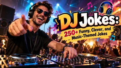 DJ jokes featured image with a smiling DJ mixing music at a colorful nightclub with headphones and cheering crowds.