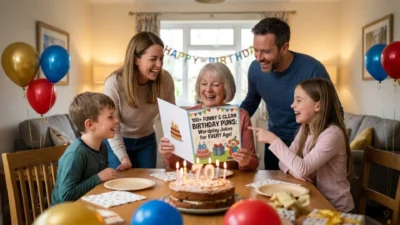 Happy family laughing together at a funny birthday puns greeting card around a cake