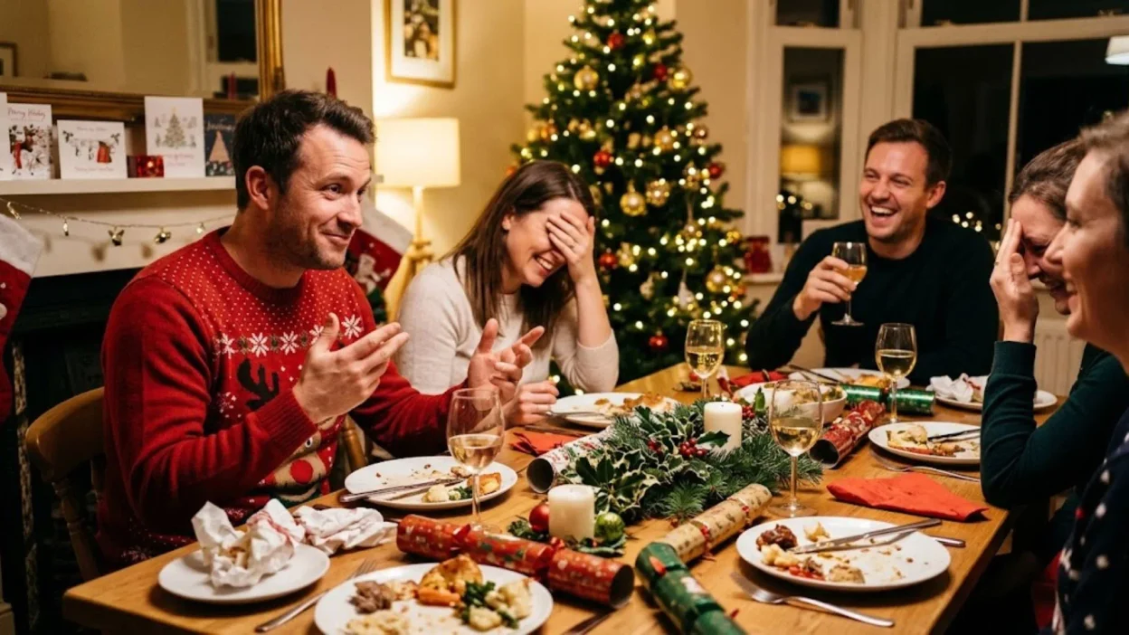Friends laughing and groaning at jokes during festive Christmas dinner around decorated table