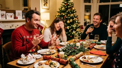 Friends laughing and groaning at jokes during festive Christmas dinner around decorated table