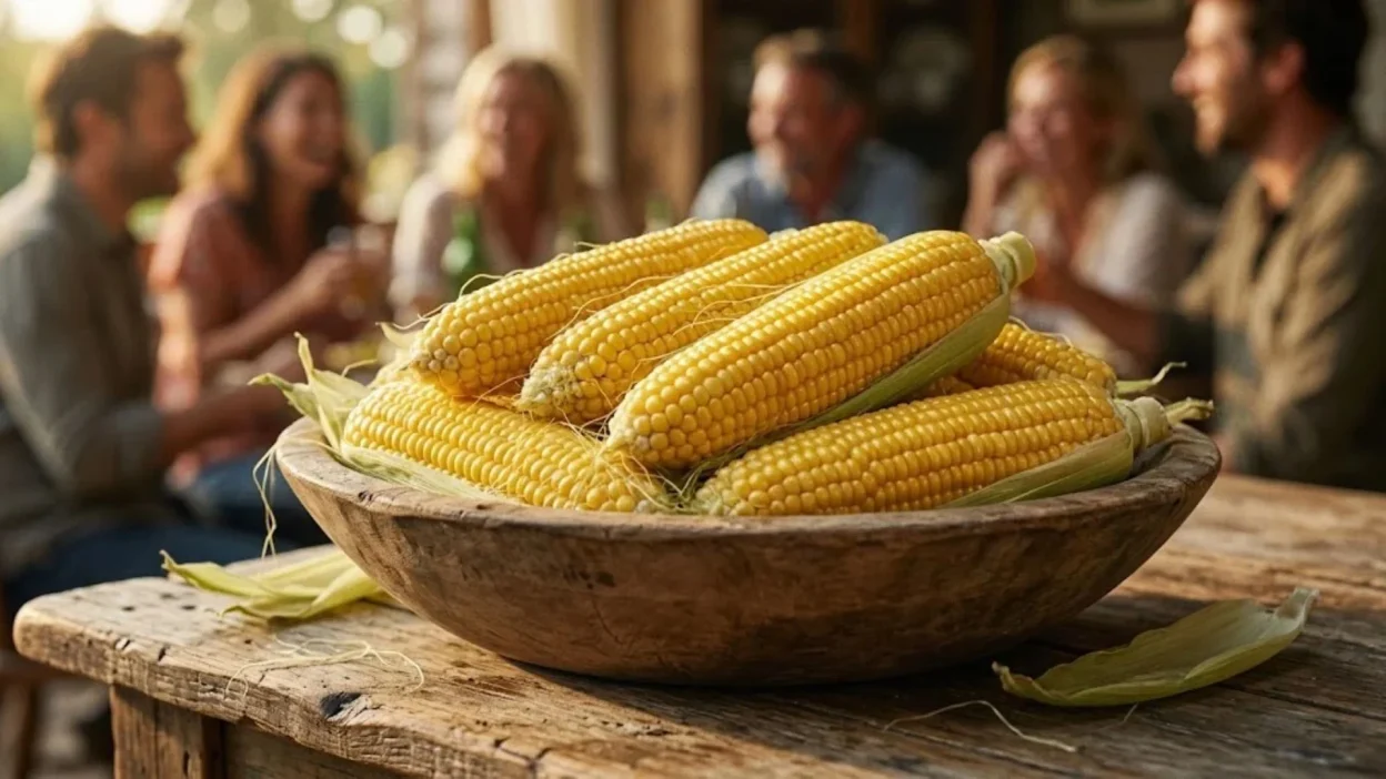 Fresh sweet corn cobs piled in a rustic wooden bowl with happy people laughing in the warm background.
