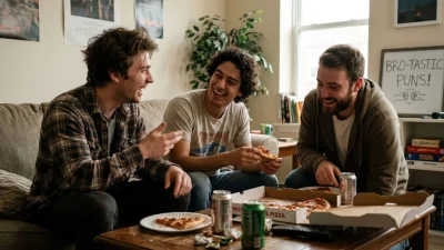 Three young men laughing together over pizza slices and drinks in a cozy living room
