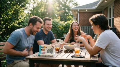 Friends laughing together at an outdoor patio table with drinks and a cheeky butt puns book